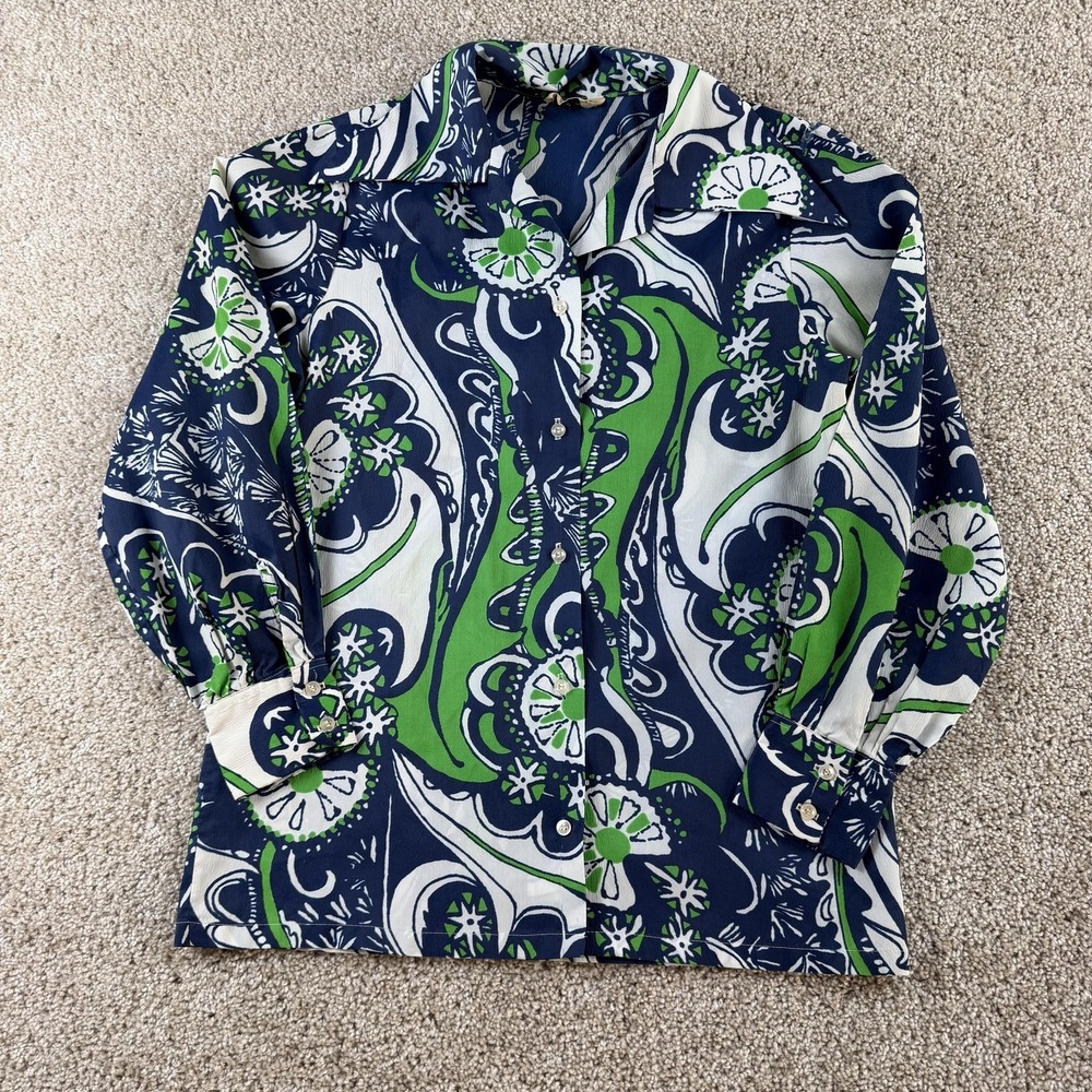 Vintage 60s Glenbrooke Button Up Shirt Womens Small Blue Floral Psychedelic